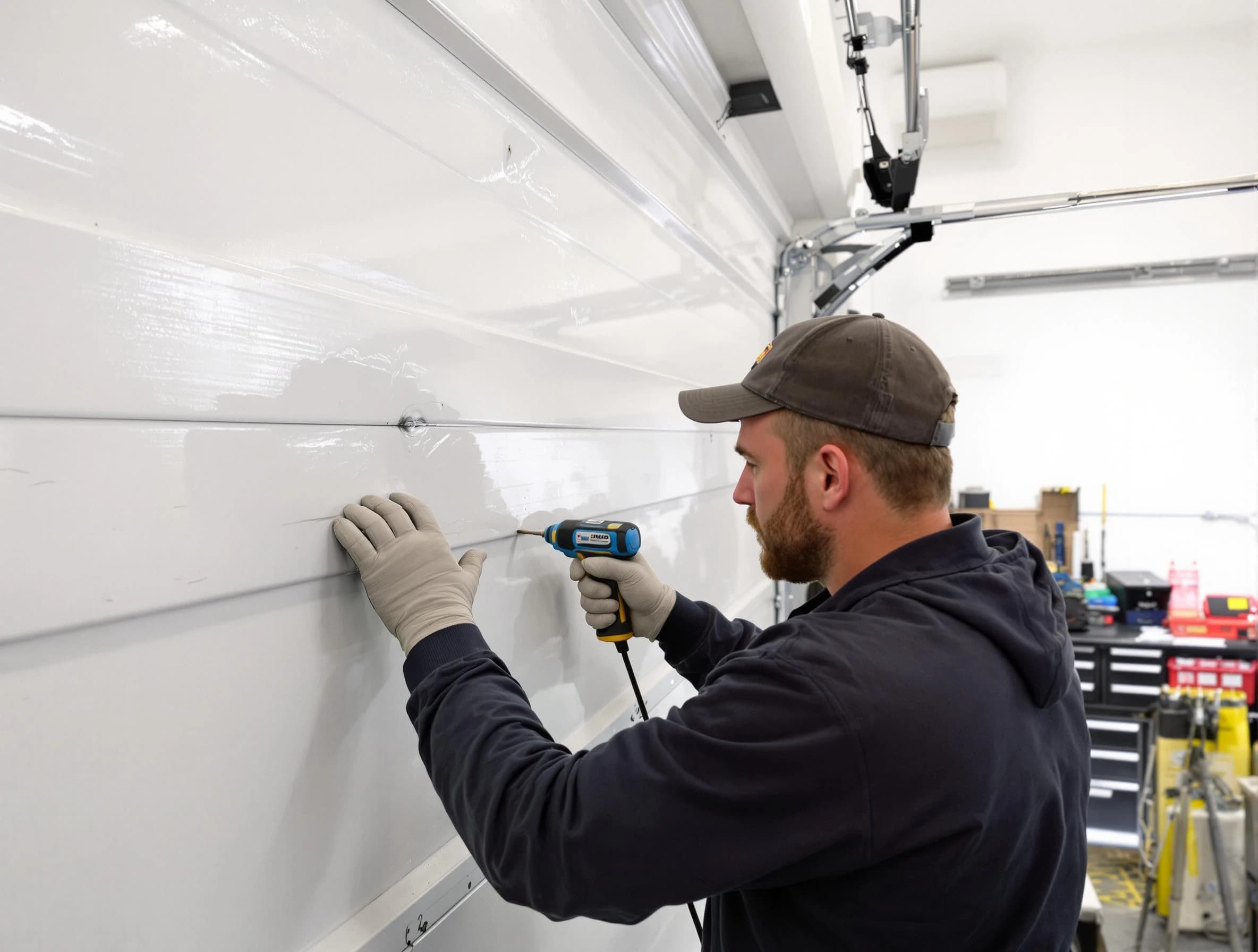 Everett Garage Door Repair technician demonstrating precision dent removal techniques on a Everett garage door